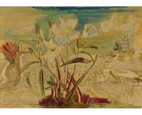 (See English version below)Charles Crodel (1894 – 1973). Blüten. Öl auf Holz, auf Hartfaser aufgezogen. 24&nbsp;×&nbsp;33&nbs