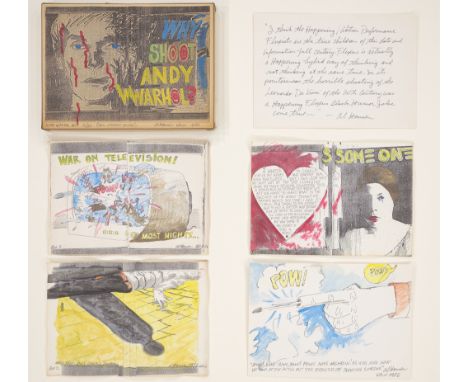(See English version below)Al Hansen (New York 1926 – 1995 Köln). „WHY SHOOT ANDY WARHOL?“. 1986Handkolorierte S/W-Fotokopie 