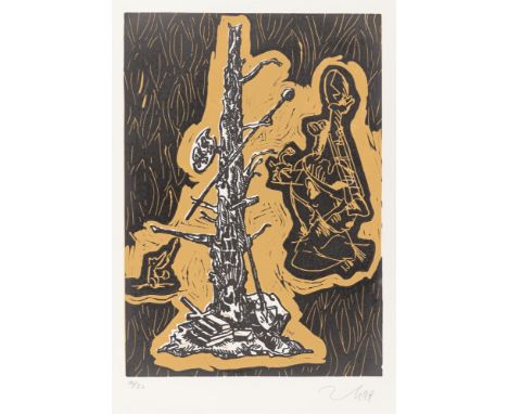 (See English version below)Jörg Immendorff (Bleckede/Elbe 1945 – 2007 Düsseldorf). „Elbquelle“. 1999Farblinolschnitt auf Veli