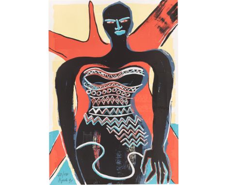 (See English version below)Elvira Bach (Neuenhain/Taunus 1951 – lebt in Berlin). Stehende. 1991Farbserigrafie auf Papier.  99