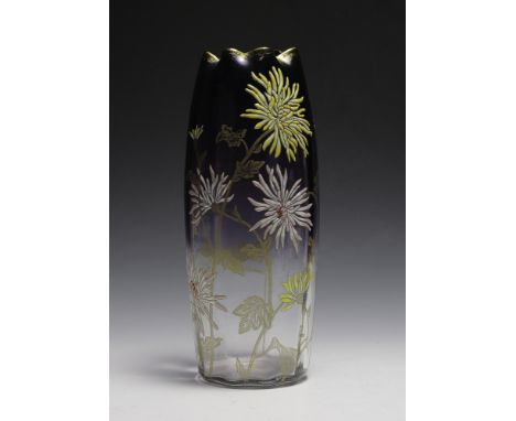 Amethyst to clear vase with a pinched rim and decorated with painted enamel flowers.  Dimensions are: 13" tall, 4 1/4" dia. A