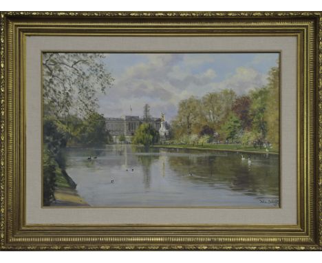 Julian Barrow (English, 1939-2013). Beautifully rendered portrait of Buckingham Palace. Signed and dated '02, lower-right. Ho
