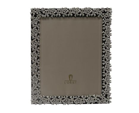 Platinum plated garland frame in brown leather with Swarovski crystals, pattern 7000L. Frame is inside original cloth sleeve 