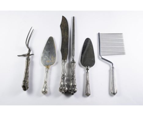 Carving knife, fork and sharpener all marked sterling monogrammed B, marker mark worn off. Sterling handle cake breaker , no 