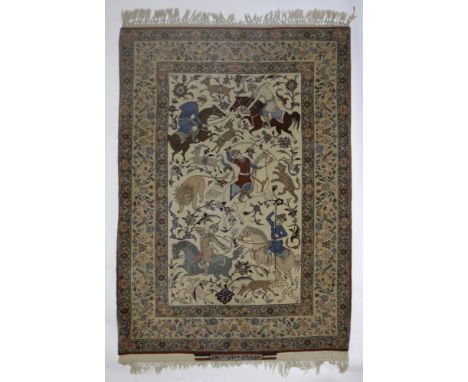 A fine Isfahan pictorial hunting scene rug with Serafian signature circa 1910.  Dimensions are: 62" X 42 1/2". All measuremen