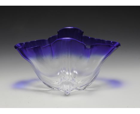 A Steuben handkerchief glass vase with a dark blue rim.  Dimensions are: 11 1/2", 6 1/2", 6 1/2". All measurements are approx