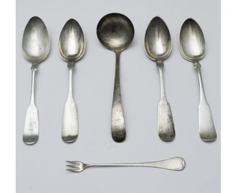 S. Kirk & Sons gravy ladle, Reed & Barton pickle fork, two Gorham tablespoons circa 1880, Towle Tablespoon and a R. Wallace &