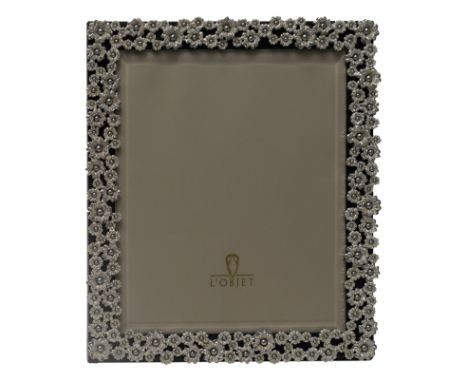 Platinum plated pearl flowers frame in brown leather with Swarovski crystals, pattern 8000L. Frame is inside original cloth s