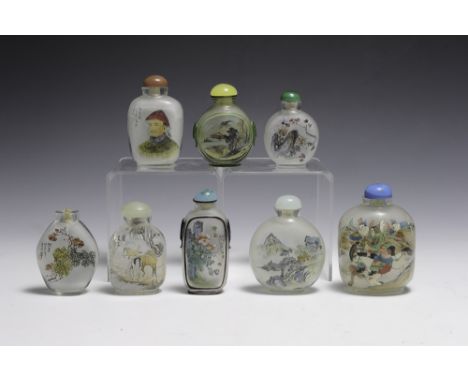 All are 20th century with various images and one comes with a box. The snuff bottle with a man, shown on each side, is missin
