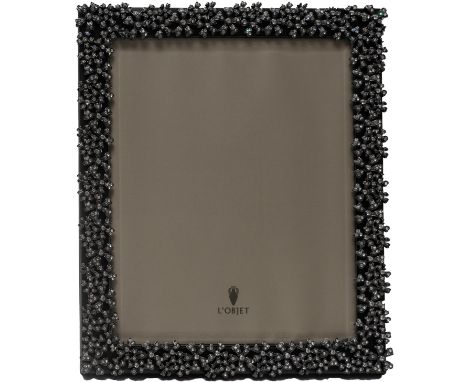 Platinum plated garland frame in black leather with Swarovski crystals, pattern 7002L. Frame is inside original cloth sleeve 