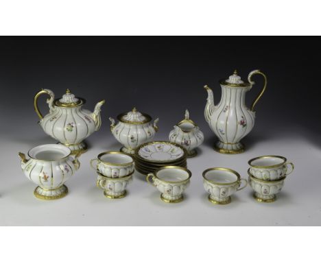 Meissen Royal X-Form Strewn Flowers pattern. 6 saucers, 6 coffee cups, 2 sugar bowls (one without a lid), 1 creamer, a coffee