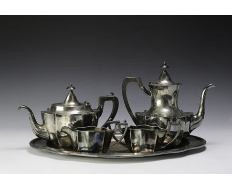 Includes a silver plate coffee and tea put with wood handles, a cream and sugar holder, and a tray inscribed with the initial