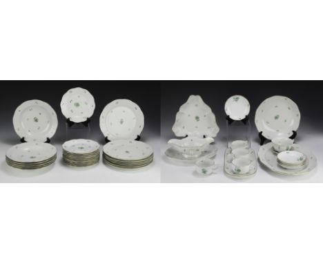 Green flowers, bugs, and butterflies. Includes gravy bowl with plate, four serving dishes, and various plates, cups, and sauc