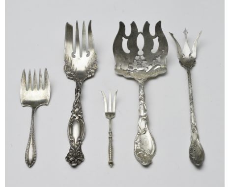 All are solid silver. Small Gorham Oyster fork, pattern H824. Lettuce fork by Simpson. Hall, Miller. Towle Salad fork. Cold m