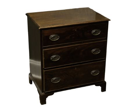Three graduated drawers with replaced pulls. Bracket feet, possible old refinish.  Dimensions are: 29" tall, 25 3/4" wide, 17