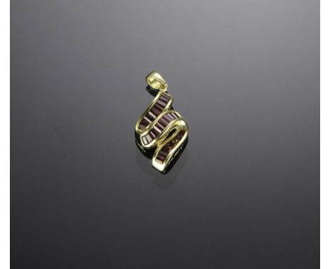Marked and tested 14K with 23 channel set ruby baguettes each approximately 3mm X 1.5mm, approximately .05 carat each. Total 