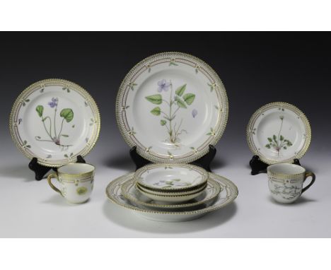 Hand painted lot has two each; dinner plate, salad plate, bread plate, tea cup & saucer.  Dimensions are: Dinner plate 10 1/8