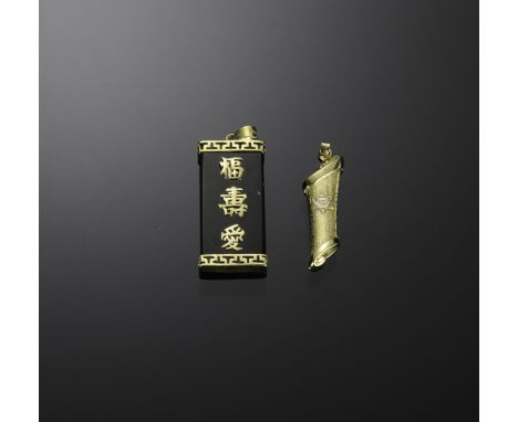 Both marked and tested 14K. Chinese gold and onyx pendant with symbols for Longevity, Fortune, and Love. A scroll with the St