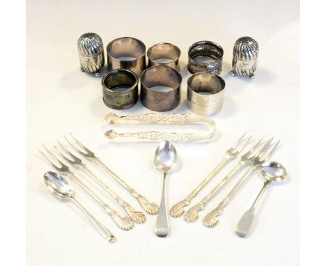 Collection of silver and white metal items to include; a Victorian silver two piece cruet set, London 1896, napkin ring, suga