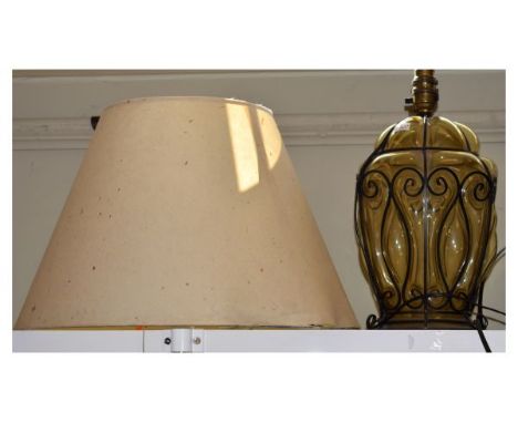 Vintage glass lamp base with wirework cage decoration  