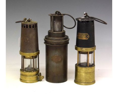 Three vintage miners lamps comprising: J.H. Naylor Ltd safety lamp (marked 4510), J.H. Naylor Marsaut B lamp (331) and Turqua