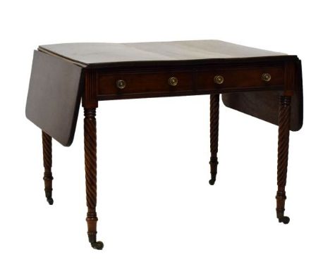 Early 19th Century mahogany sofa table raised on slender rope twist supports fitted brass castors, fitted two faux drawer fro