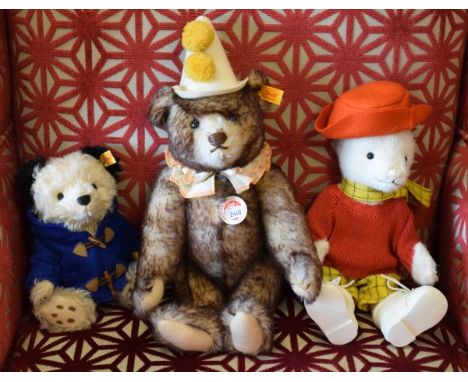 Three Steiff bears comprising: 35441 in blue coat, Rupert Bear 01297 and 003424, all unboxed, tallest approx 39cm tall  