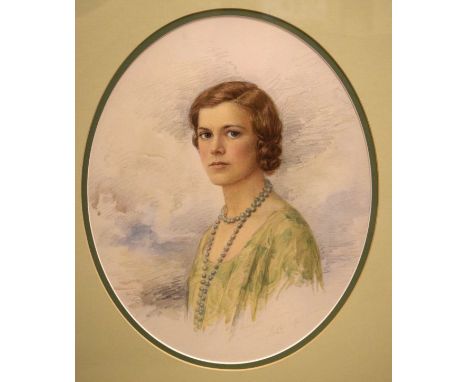 K. Collings - Watercolour - Portrait of a lady wearing beads, signed, in a gilt frame, 34cm x 27cm  