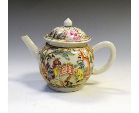 Late 18th Century Chinese porcelain teapot, decorated in the Cantonese Famille Rose palette with figures and birds on a terra