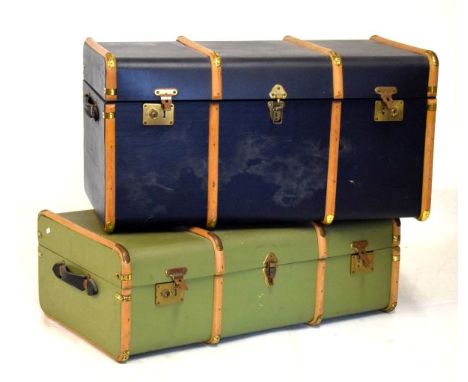 Two vintage travel trunks, each with wooden ribs, the larger 91cm wide x 53cm deep x 48cm high (2)  