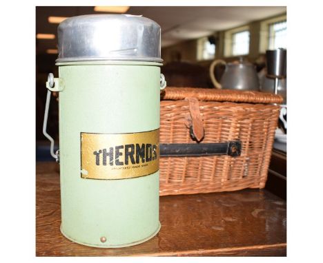 Wicker picnic set and vintage Thermos flask  