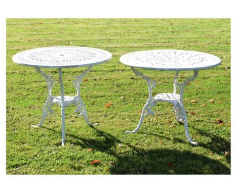 Two white-painted metal circular garden tables, each 81cm diameter  