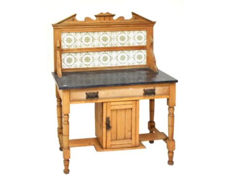 Early 20th Century satin walnut marble top tile back washstand fitted one drawer with cupboard below, 91cm wide  