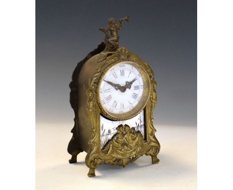 19th Century French brass and enamel mantel timepiece, the convex dial with Roman hours and Arabic minutes, single-train move