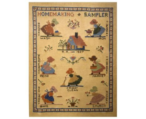 Early 20th Century 'Homemaking Sampler' initialled R.K. 1937, 34cm x 16cm, framed and glazed  