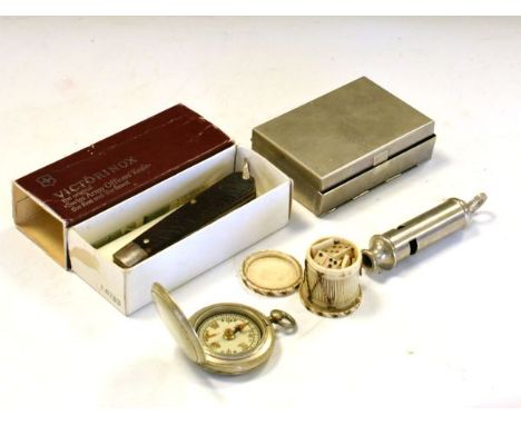 Set of 19th Century Prisoner-of-War work bone dominoes in drum case with screw-on cover, together with a later compass, whist
