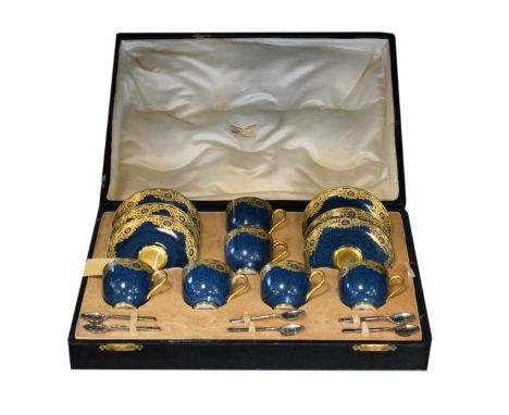 Mid 20th Century Royal Worcester powder-blue coffee service for six settings, with gilt-enriched decoration and silver demi-t