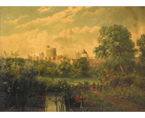 Oleograph - Windsor Castle with figures on a lane, 52cm x 71.5cm, in a gilt frame  