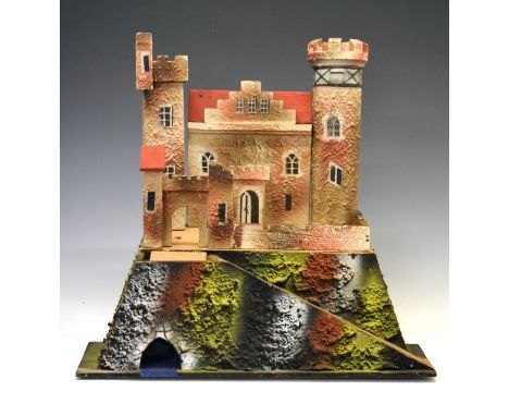 Vintage wooden painted child's play set castle, with box base, base 43cm long x 30cm wide  