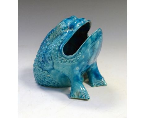 Turquoise-glazed majolica pottery spoon warmer modelled as a seated grotesque toad or frog, in the manner of Burmantofts Faie