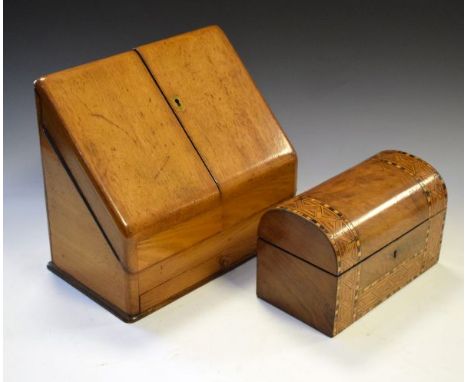 Victorian walnut and marquetry dome-top tea caddy, together with an Edwardian light oak slope-front stationery box (2)  