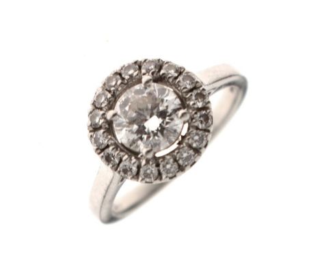 Platinum diamond ring, the large central stone with diamond surround, size I, 5.2g gross approx  