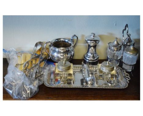Assorted silver plated wares to include; deskstand with twin inkwells and pen tray, pepper grinder, etc  