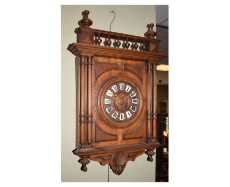 Late 19th Century Continental fruitwood-cased wall clock with enamelled cellular Roman chapter ring, two-train movement in ar