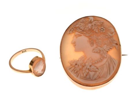 Unmarked yellow metal and shell cameo brooch of oval design with female profile, 4.5cm high approx, together with a similar c