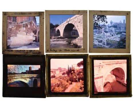 Box containing almost 100 glass lantern slides, each 6.5cm square, depicting Italian topographical scenes (Rome, Tivoli, Pomp