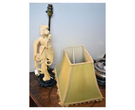 Oriental-style resin figural lamp base modelled as a female musician, with shade  