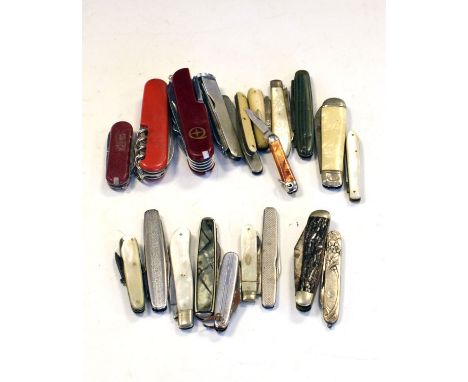 Collection of assorted 19th Century and later pocket knives to include; silver-bladed mother-of-pearl examples, commemorative