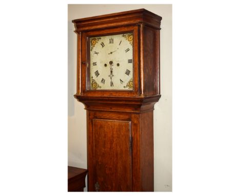 George III oak cased eight day painted dial longcase clock, maker indistinct, possibly Wimborne, with Roman dial, 196cm high 