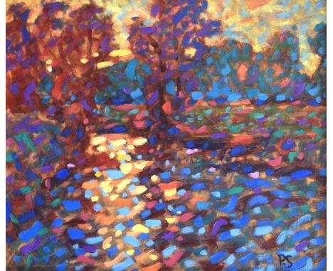 Paul Stephens - Oil on board - Morning Light, River Brue, monogrammed, 24cm x 29cm, in an oak finish frame  